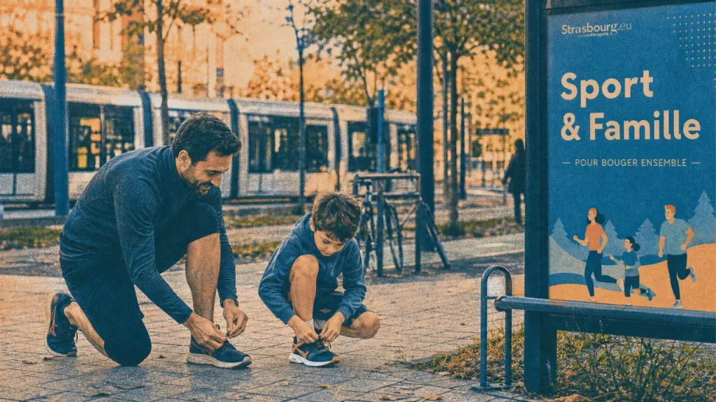 Activités sportives Strasbourg : adulte et enfant près du panneau Sport & Famille