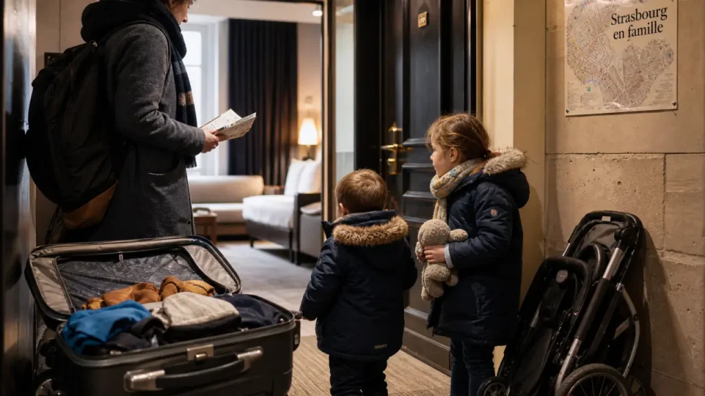 Chambres famille strasbourg, hall d’hôtel près de la gare, enfants et parent