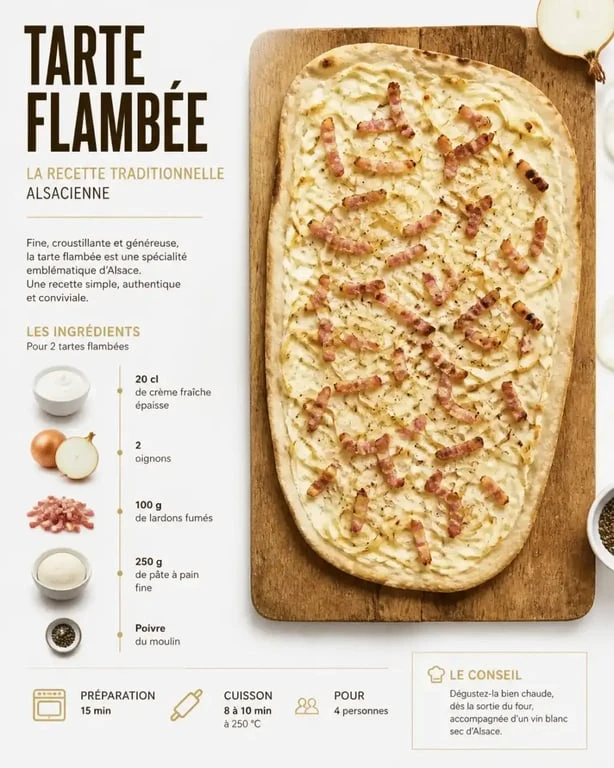 Recette de tarte flambée traditionnelle alsacienne pour un repas en terrasse à Strasbourg