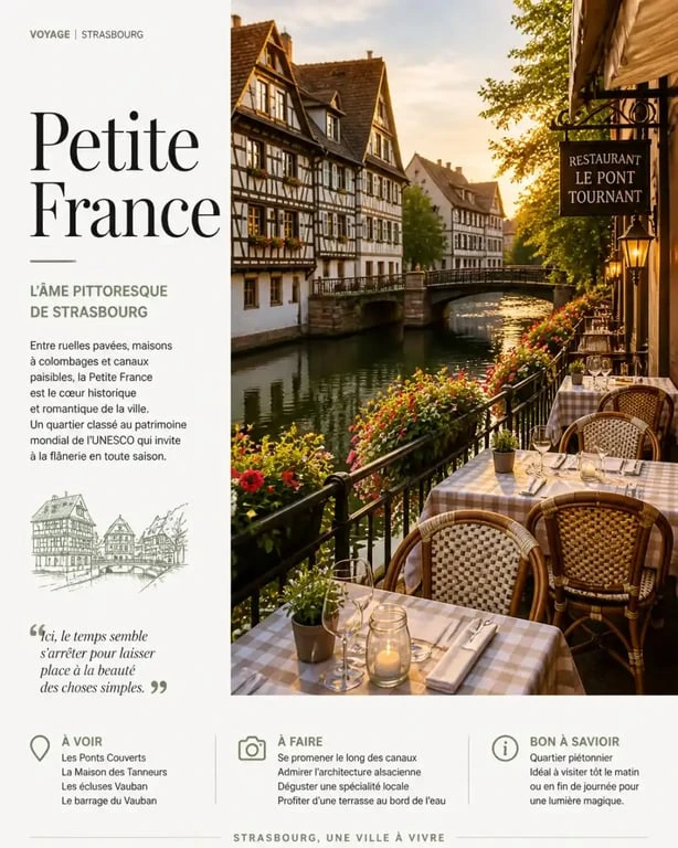 Restaurant avec terrasse au bord de l'eau dans le quartier de la Petite France à Strasbourg