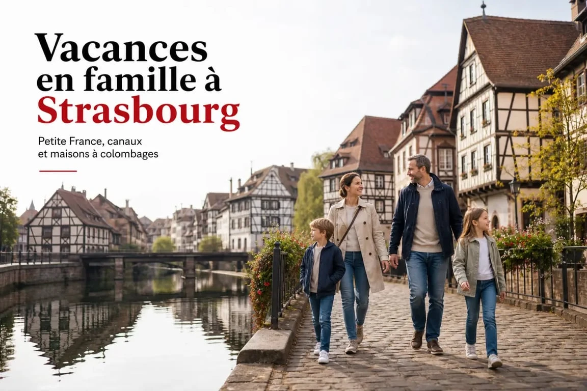 Vacances famille Strasbourg dans la Petite France au bord des canaux avec une famille en promenade