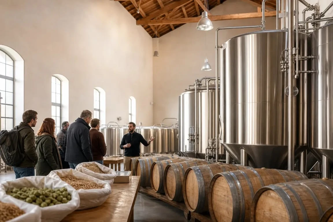 Visiter brasserie alsace : intérieur d'une brasserie artisanale en Alsace avec cuves en inox et ambiance chaleureuse