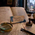 Famille oussadon Strasbourg : archives, quartiers et registres généalogiques sur une table