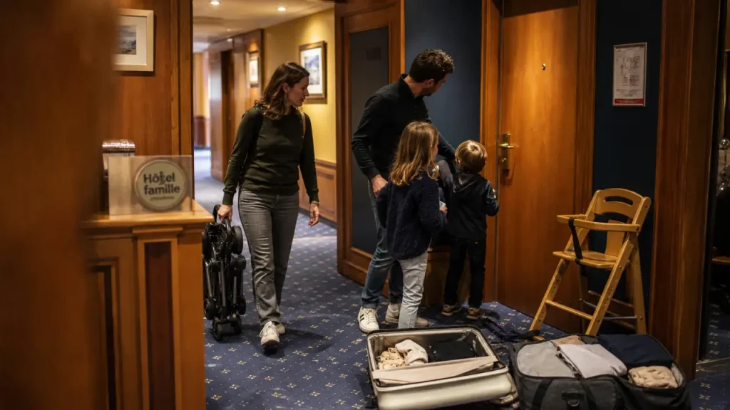 hotel famille strasbourg : famille dans un couloir d’hôtel, chaise haute et poussette