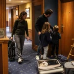 hotel famille strasbourg : famille dans un couloir d’hôtel, chaise haute et poussette