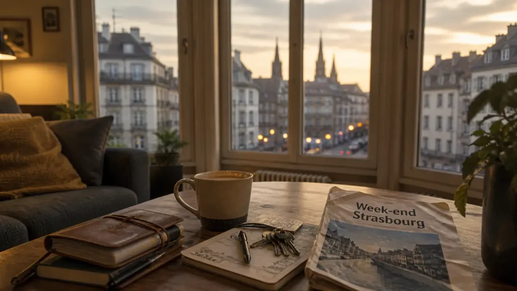 Location villa Strasbourg week end : salon chaleureux et guide