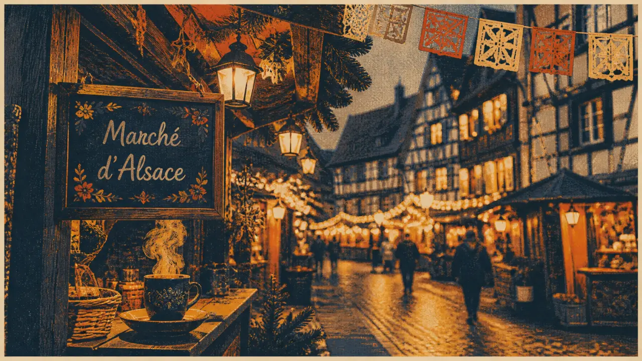 Marchés de noel autour de Strasbourg : ruelle alsacienne, chalets et vin chaud fumant