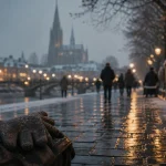 Que faire le 31 décembre en alsace à Strasbourg : quai enneigé et cathédrale en brume