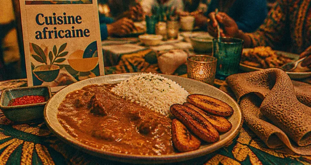 Photo de restaurants africains : assiette de riz, sauce arachide, injera et plantain