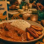 Photo de restaurants africains : assiette de riz, sauce arachide, injera et plantain