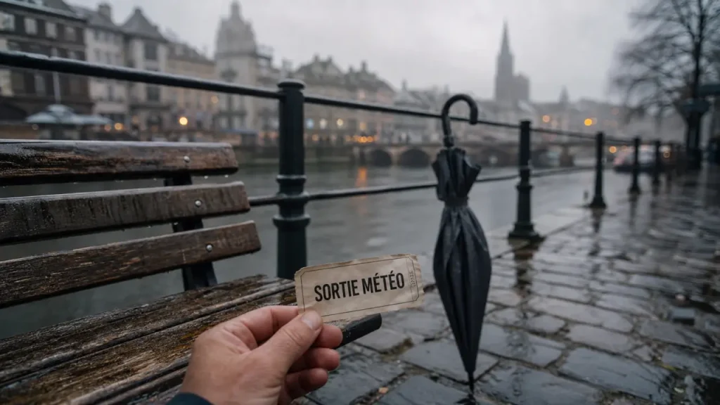 tps strasbourg sorties : quais d’Ill sous la pluie, banc et parapluie