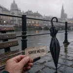 tps strasbourg sorties : quais d’Ill sous la pluie, banc et parapluie