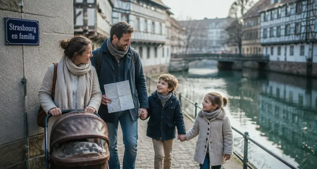 Vacances famille Strasbourg : marche en poussette dans la Petite France