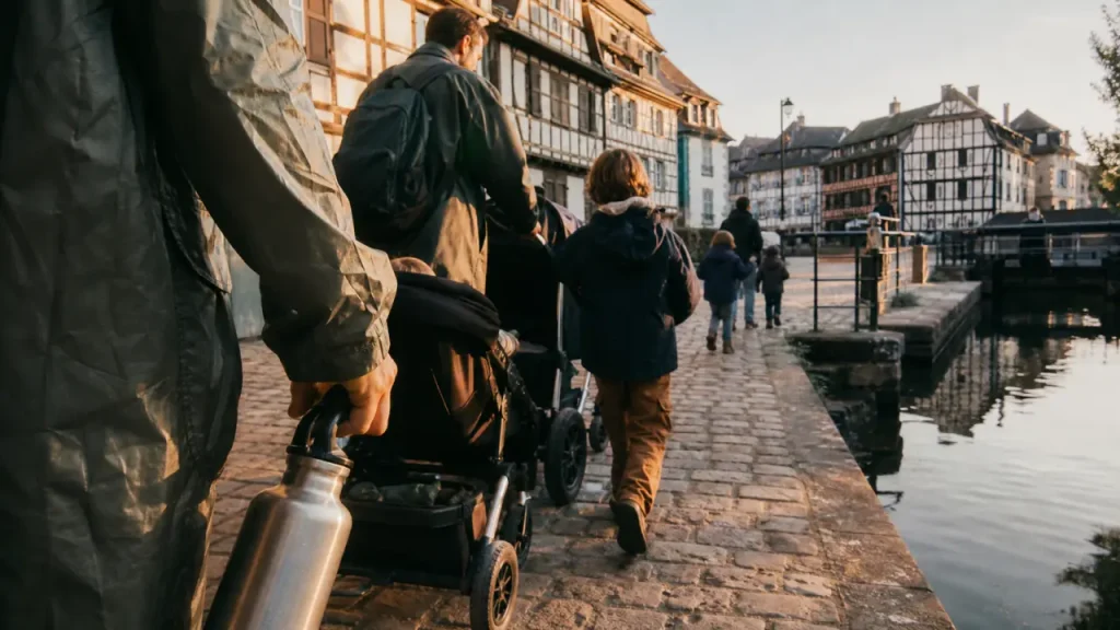 vacances famille strasbourg : famille en poussette près du canal en Petite France