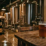 Visiter brasserie Alsace : verre à bière ambrée en cave fraîche, cuves inox