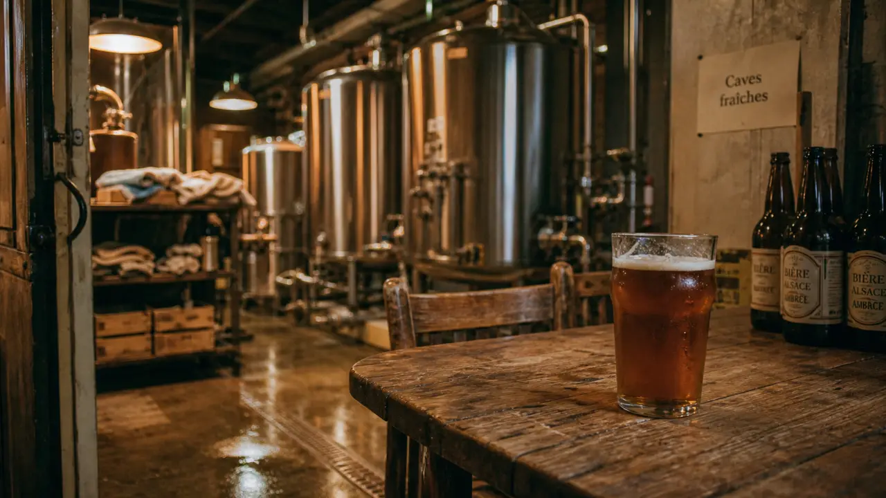 Visiter brasserie Alsace : verre à bière ambrée en cave fraîche, cuves inox