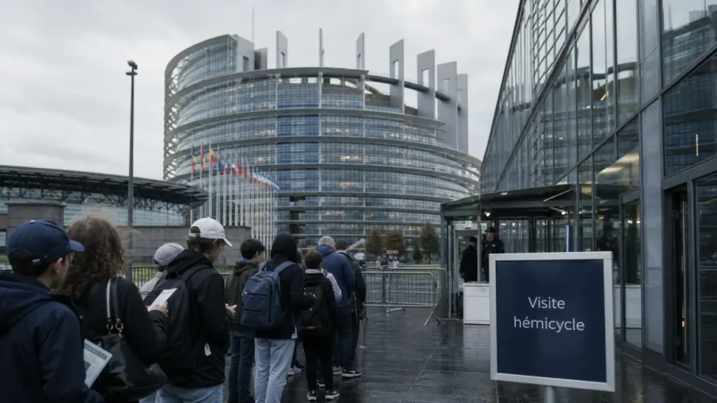 Visiter parlement européen Strasbourg : file devant l’entrée vitrée pour la visite hémicycle