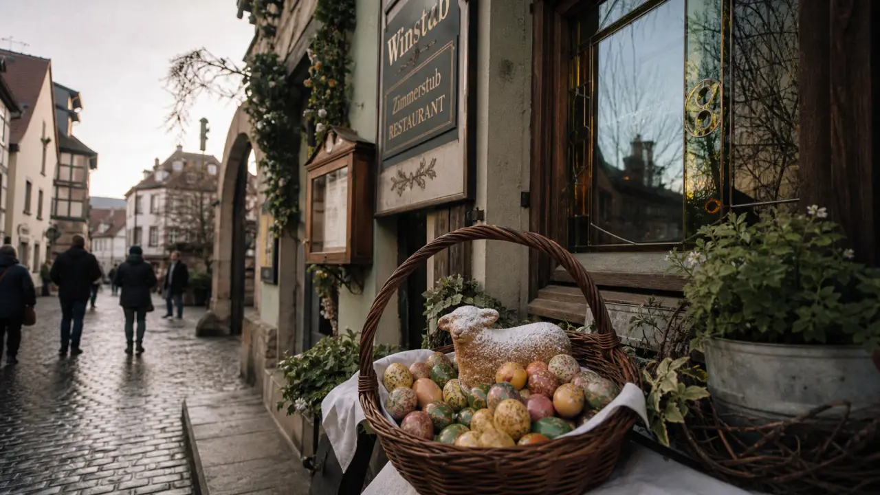 Week end de paques 2026 alsace : œufs décorés devant une winstub