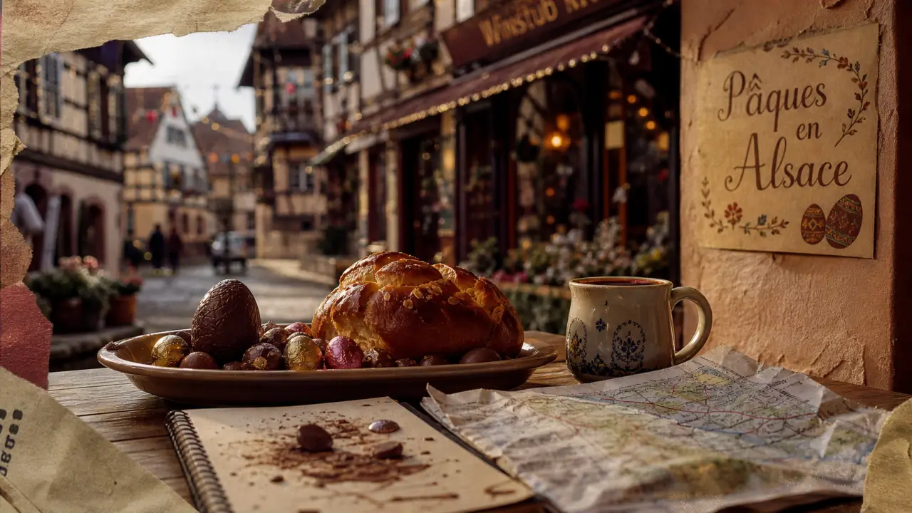 Week end de paques 2026 alsace : œufs de Pâques sur terrasse alsacienne, ruelle et winstub