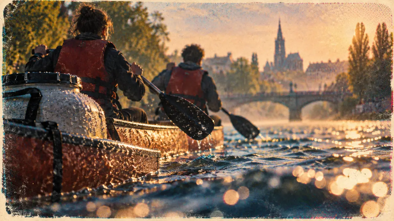 Balade canoe strasbourg sur le Rhin, canoë et pagayeurs