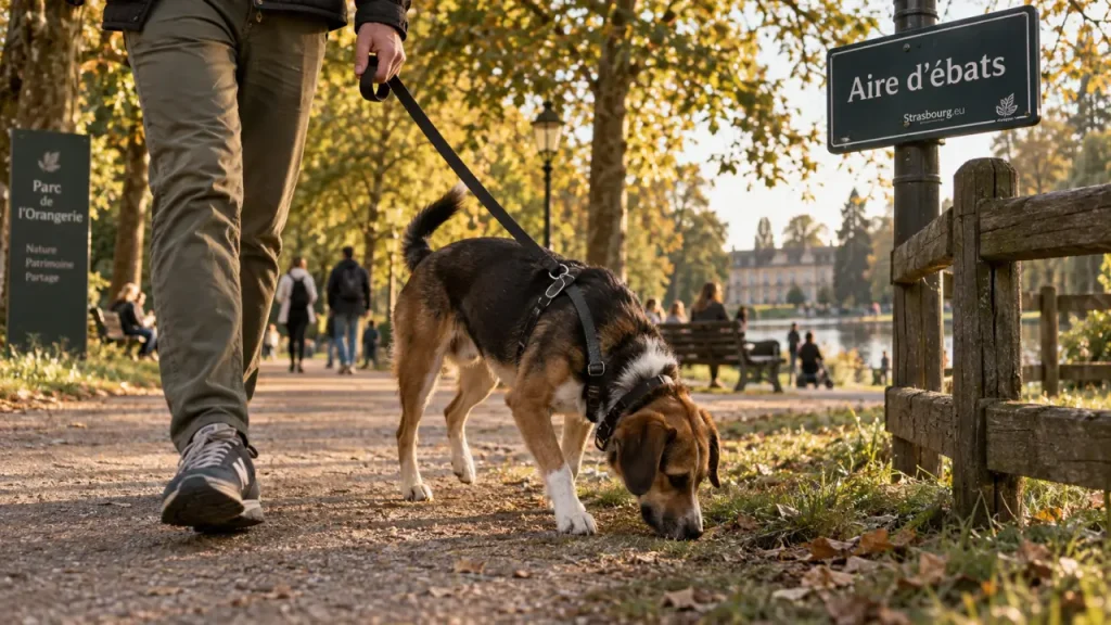 Balade chien Strasbourg : chien près de l’Orangerie, laisse et panneau aire d’ébats