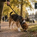 Balade chien Strasbourg : chien près de l’Orangerie, laisse et panneau aire d’ébats