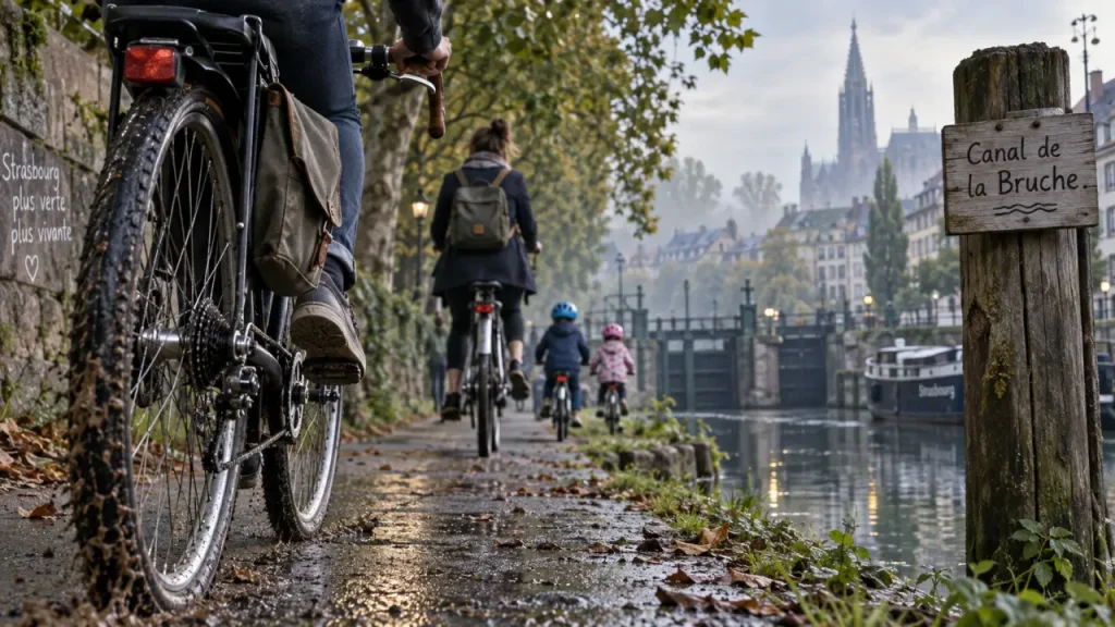 Balade en vélo Strasbourg sur le canal de la Bruche, vélo et éclaboussures