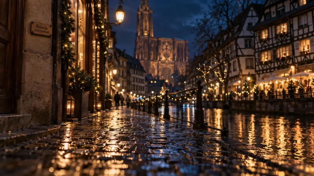 Balade nocturne Strasbourg : rue illuminée vers la cathédrale, Petite France