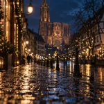 Balade nocturne Strasbourg : rue illuminée vers la cathédrale, Petite France