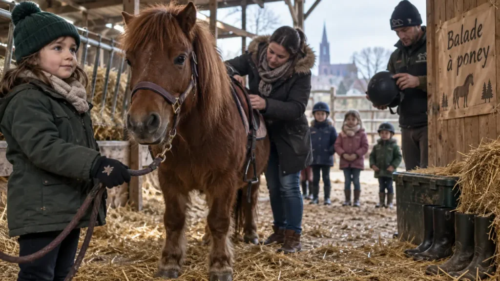 Balade poney Strasbourg : enfant à la longe avec poney en écurie