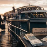 Balade sur le Rhin départ Strasbourg : table avec carte et bateau amarré