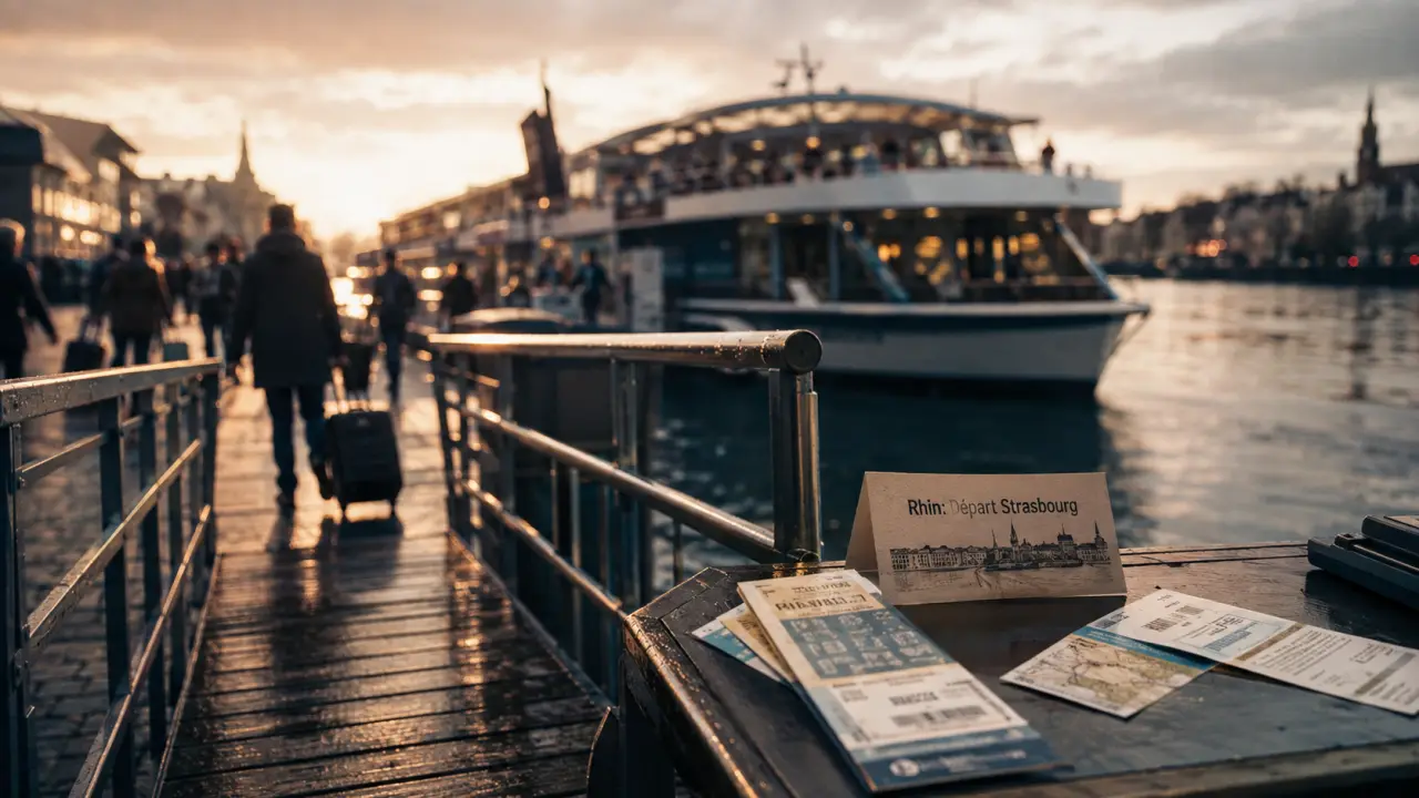 Balade sur le Rhin départ Strasbourg : table avec carte et bateau amarré