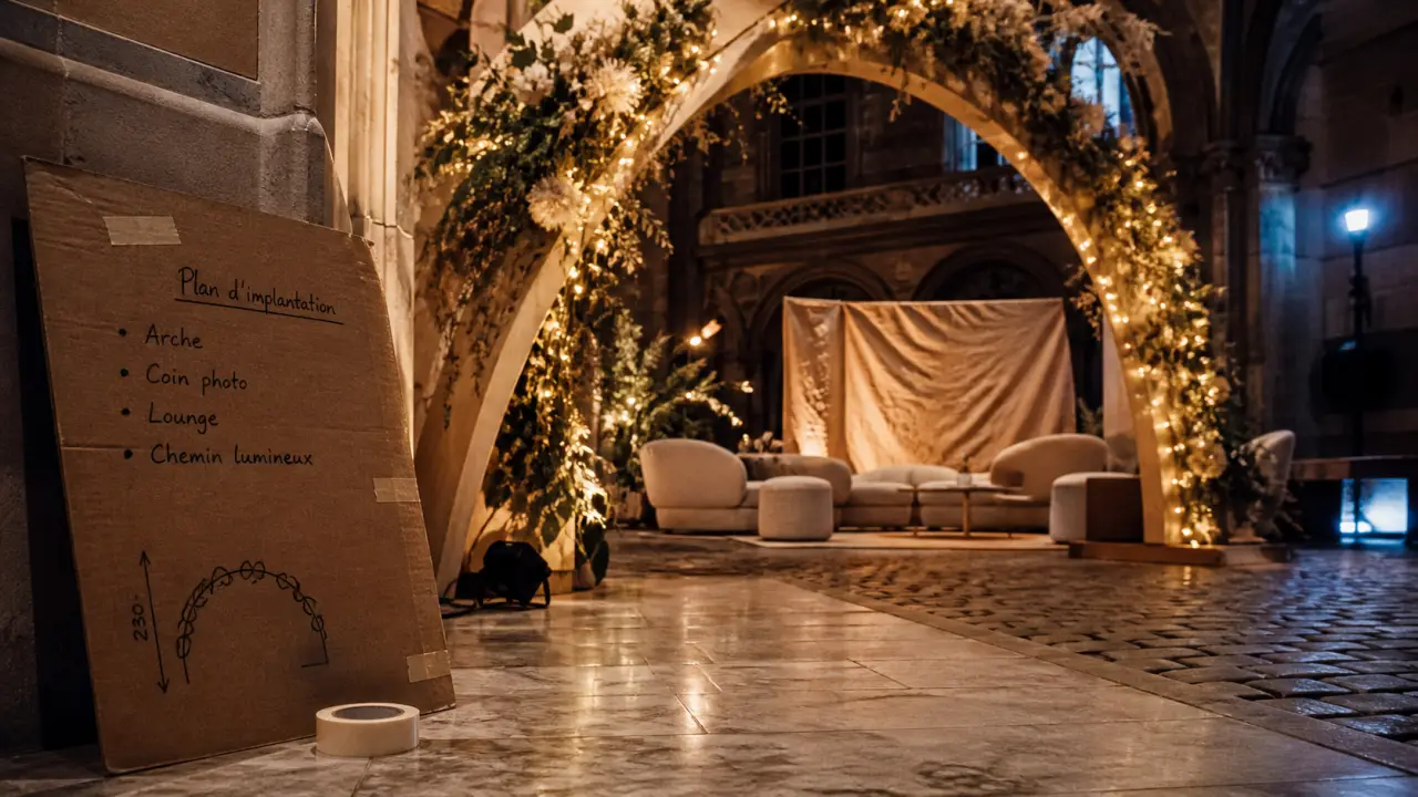 Décoration éphémère pour événements strasbourg : hall patrimonial avec arche en végétaux stabilisés