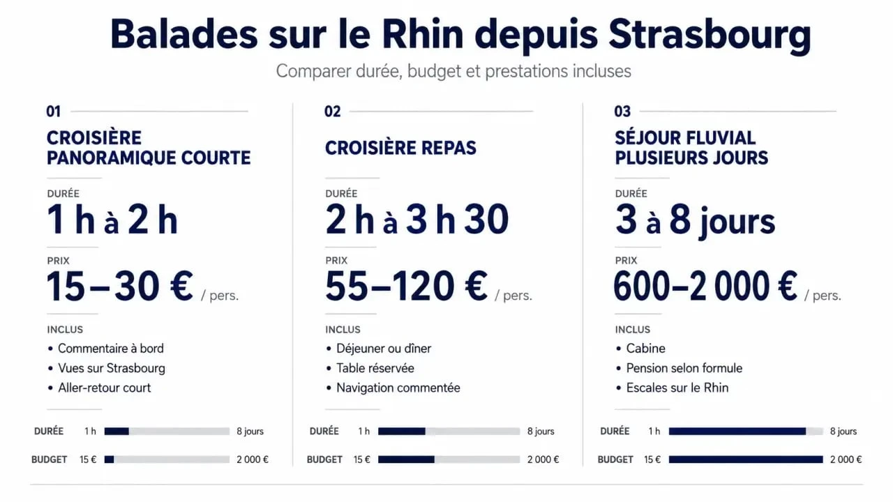 Balade sur le Rhin départ Strasbourg : visuel comparatif des durées, prix et formules