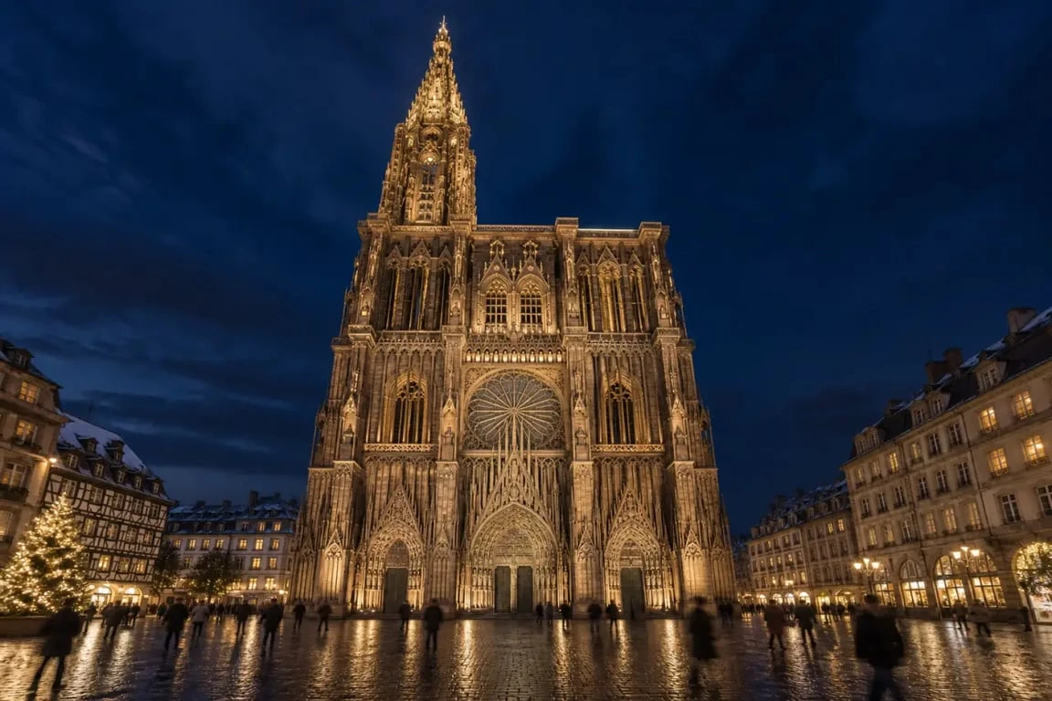Balade nocturne Strasbourg devant la cathédrale illuminée