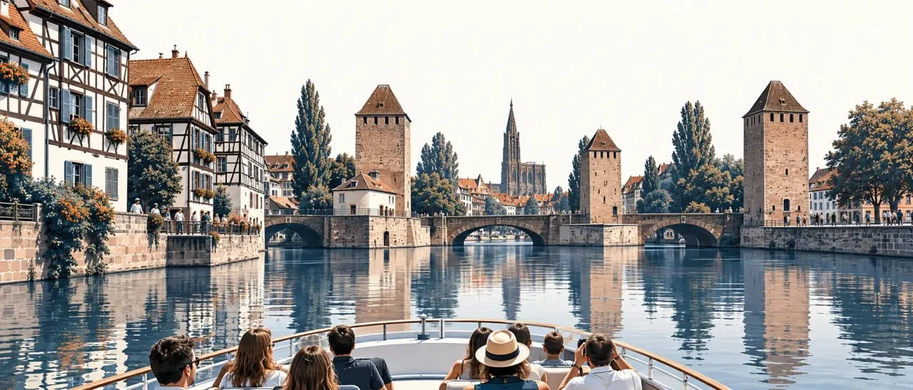 Balade fluviale à Strasbourg devant la Petite France et les Ponts Couverts