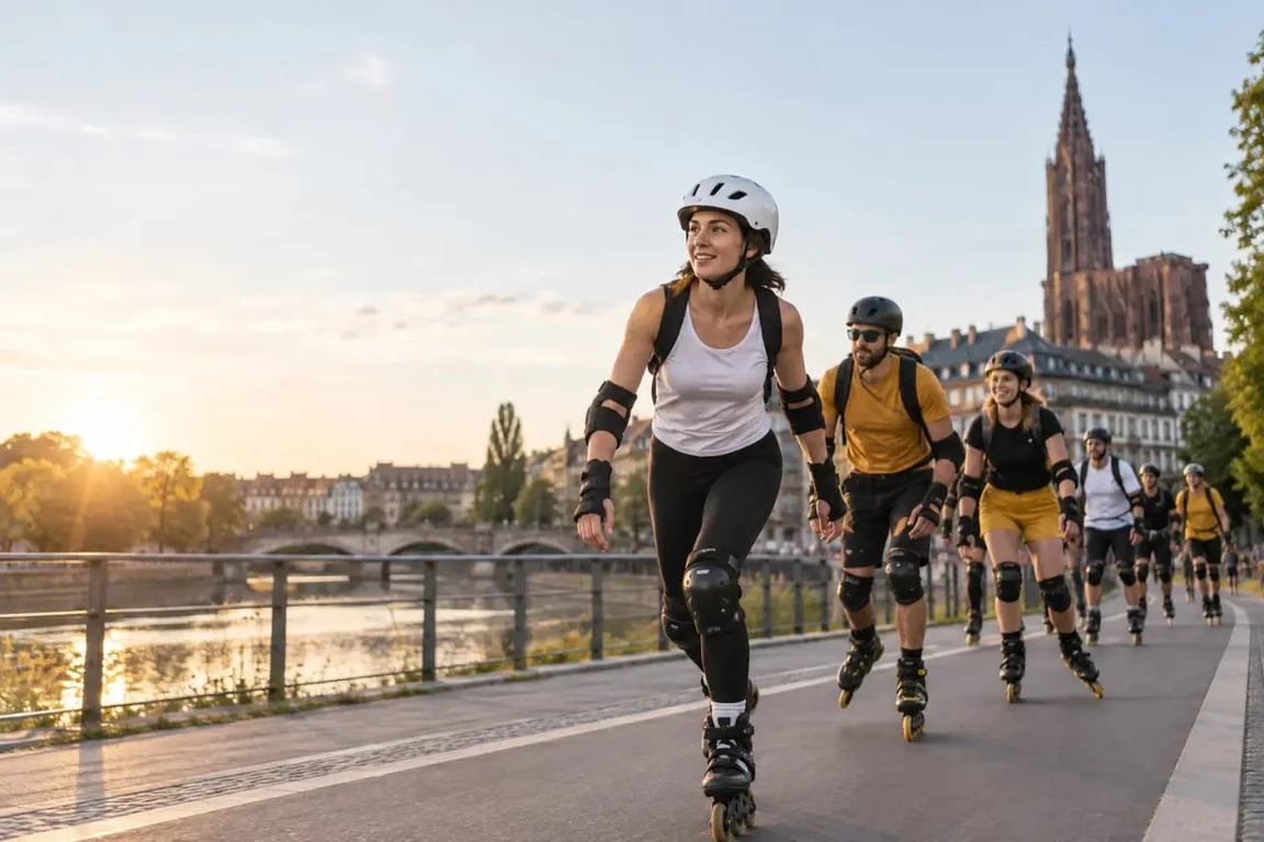 Balade roller à Strasbourg sur une piste cyclable avec un groupe de patineurs