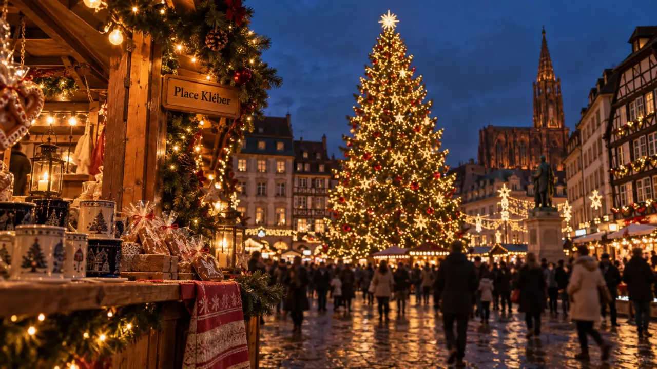 Marchés de noel strasbourg 2023, place Kléber : grand sapin et chalets}}
