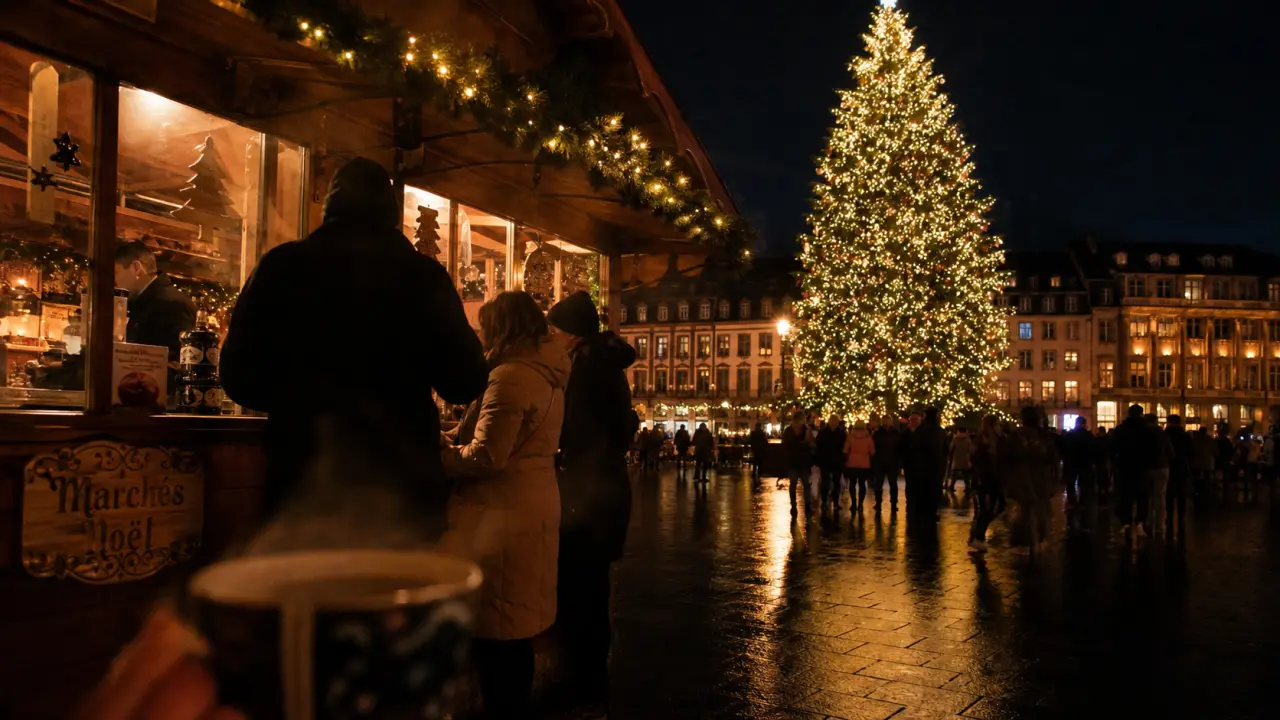 Marchés de noel strasbourg 2024 : place Kléber, chalets et sapin illuminé la nuit