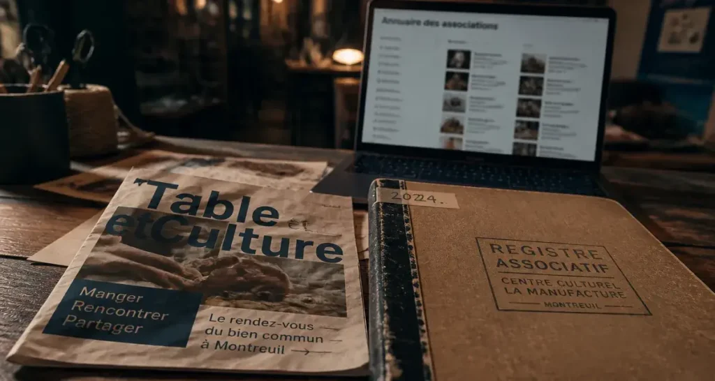 table et culture strasbourg : brochure et registre associatif sur une table en centre culturel
