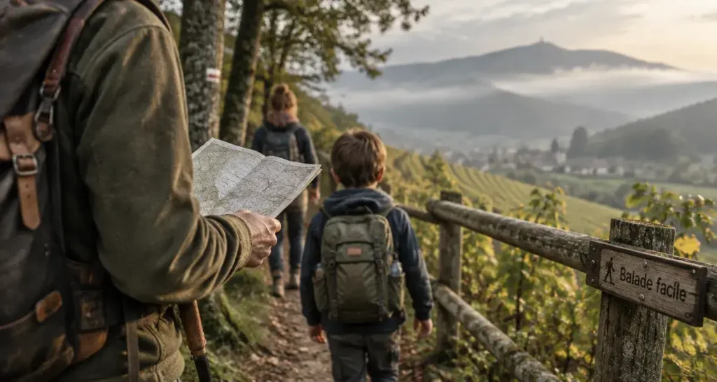 Idée sortie Alsace : groupe en randonnée sur un sentier forestier près des vignobles