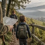 Idée sortie Alsace : groupe en randonnée sur un sentier forestier près des vignobles