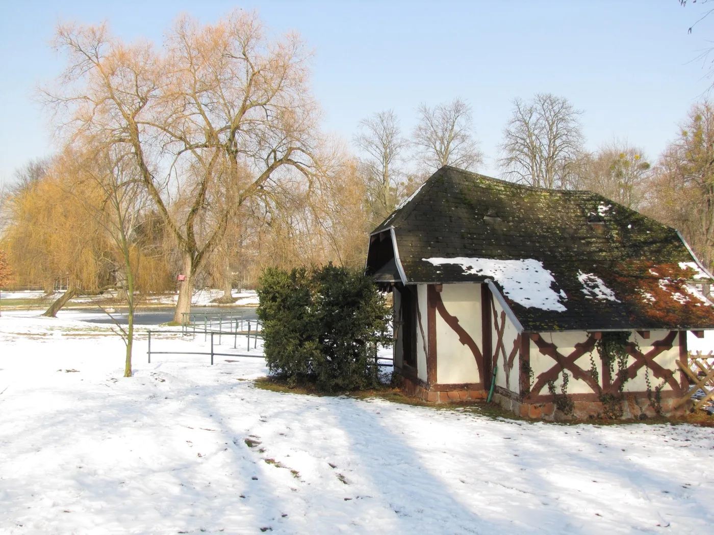 Vue hivernale du parc de l’Orangerie à Strasbourg en février 2010, pour prolonger la promenade dans le secteur de la Marne ; photographie du parc, hors du marché.