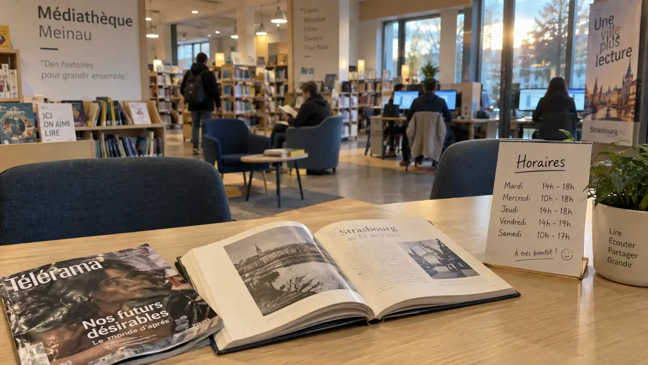 Médiathèque Meinau : intérieur avec livres et horaires, espace culturel accessible