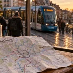 Strasbourg quartiers : affiche sur trajets tram, arrêt de tram